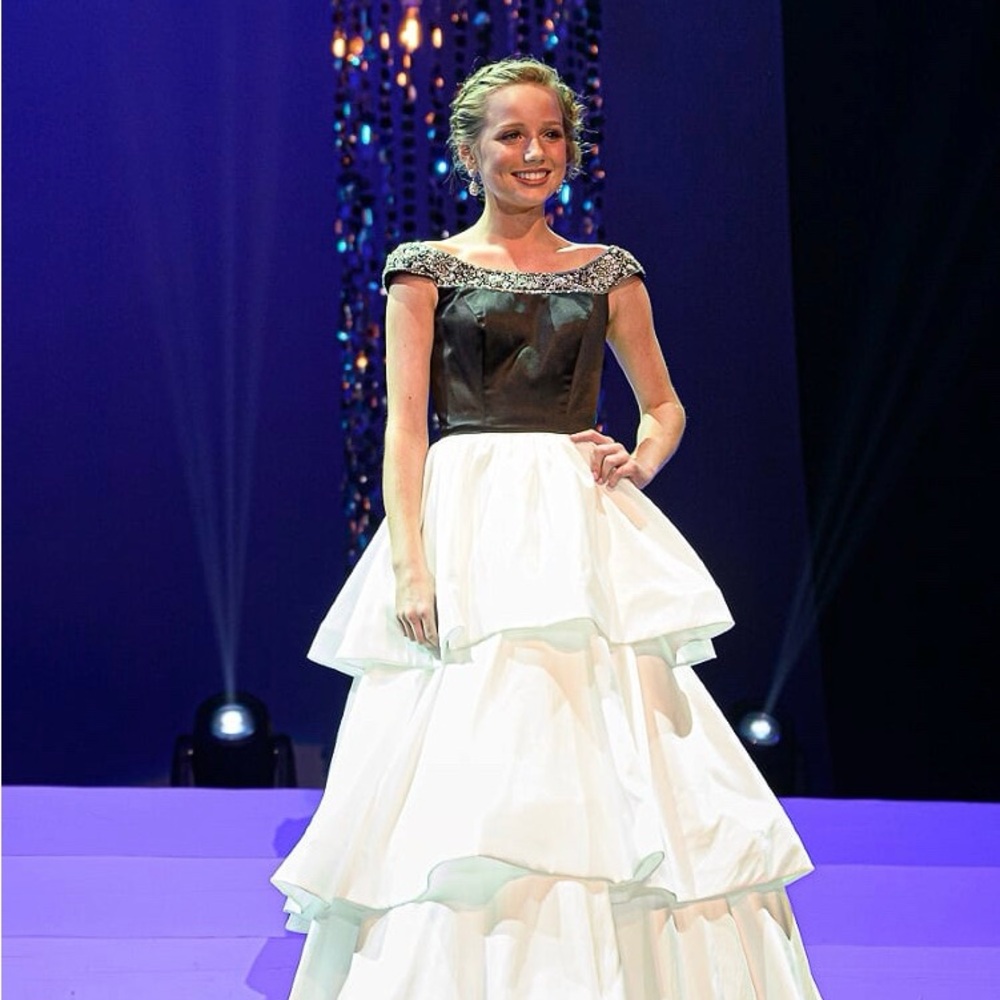 Sherri Hill Black and White Off-Shoulder Gown